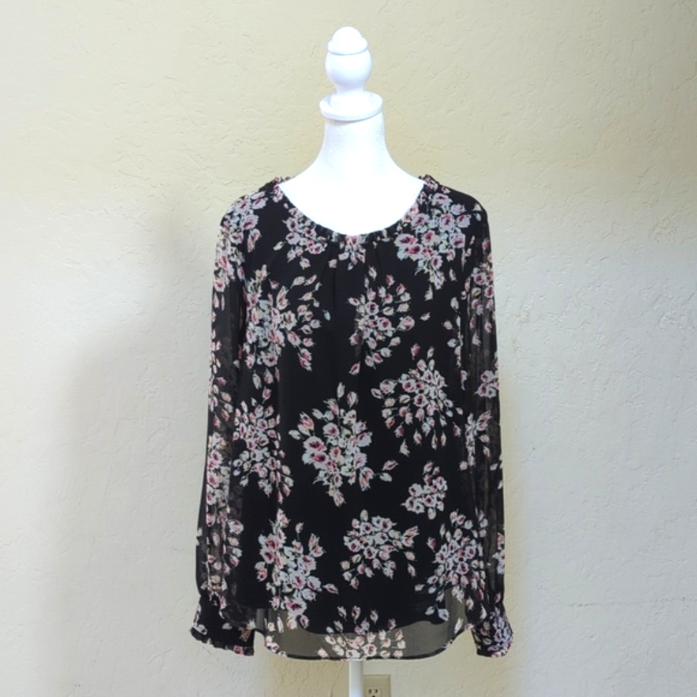 WHBM Black Ruffle Trim Floral Overlay Long Sleeve Keyhole Blouse Size 12